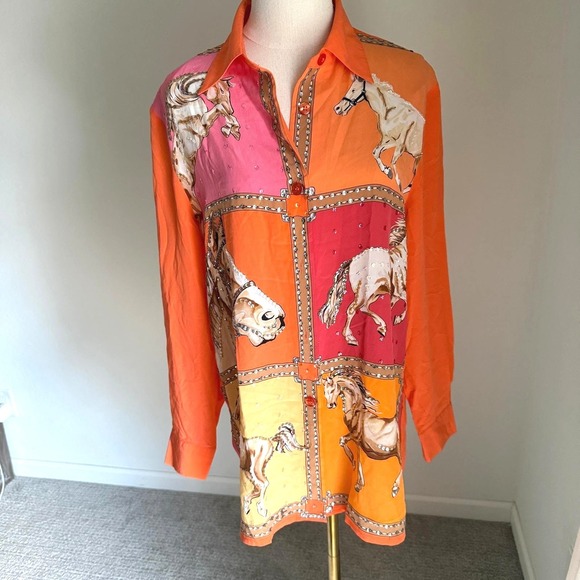Diane Gilman Tops - Vintage Diane Gilman Silk Equestrian‎ Horse Bling Blouse Medium Maximal Colorful